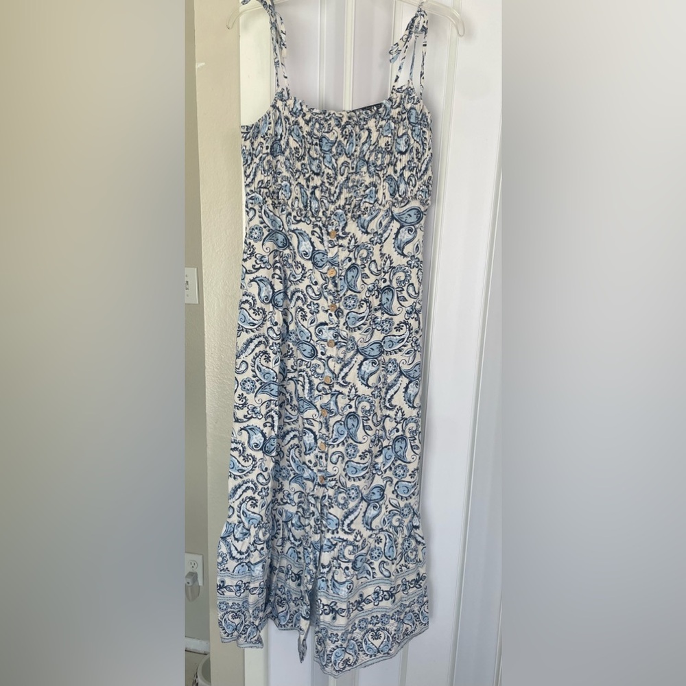 Zara Blue L Paisley Maxi Dress buttns in front made in Morocco summer